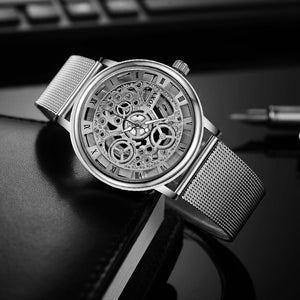 Fashion Business Skeleton Watch Men Engraving Hollow Dress Quartz Wristwatch Stainless Steel Band Women Clock Relojes Mujer
