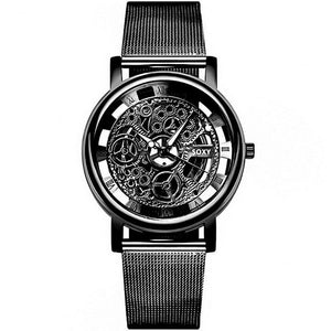 Fashion Business Skeleton Watch Men Engraving Hollow Dress Quartz Wristwatch Stainless Steel Band Women Clock Relojes Mujer