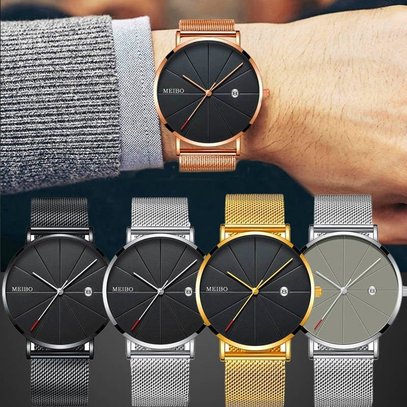 Mens Watches Business Sports Leisure Quartz WristWatch Stainless Steel Mesh Strap Ultra Thin Dial Date Clock Relogio Masculino